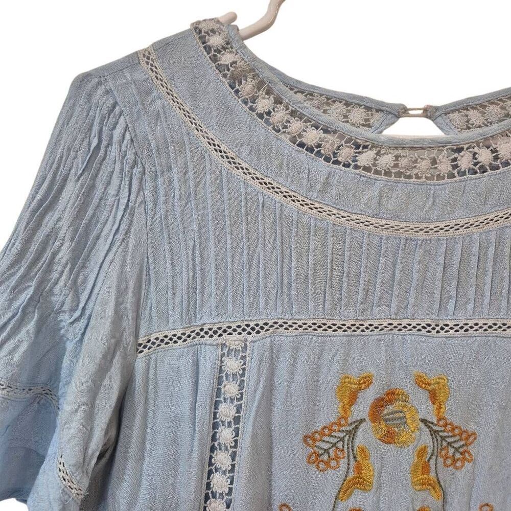 Brass & Roe Light Blue Embroidered Floral Swing Dress Lace Trim Flutter Sleeve M - Picture 7 of 16